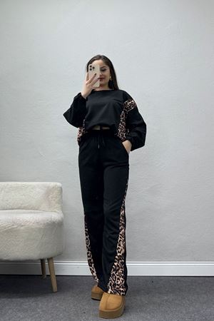 2 İplik Leopar Detaylı Eşofman Takımı Siyah - 55028.1005.