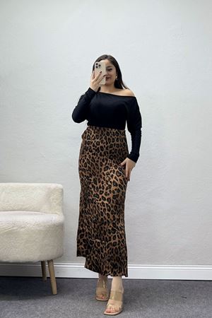 Düz Kesim Desenli Saten Etek Kahveleopar - 51243.2077.