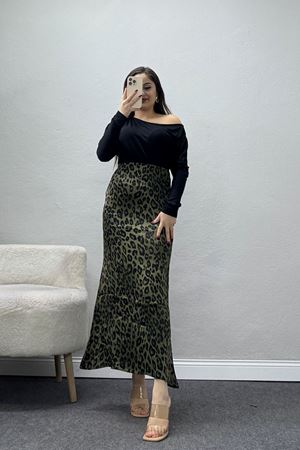 Düz Kesim Desenli Saten Etek Yeşilleopar - 51243.2077.