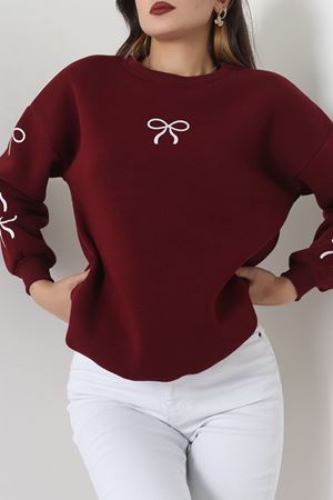 3 İplik Bisiklet Yaka Sweat Bordoekru - 42246.1878.