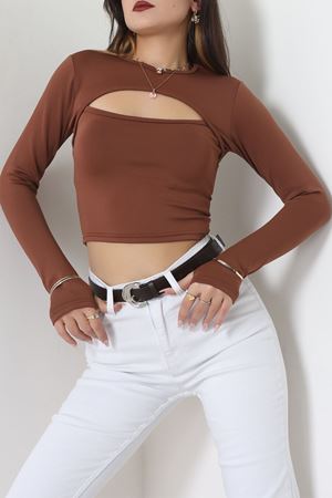 Double Krep Kumaş Parmak Geçmeli Bluz Acıkahve - 42796.1567.