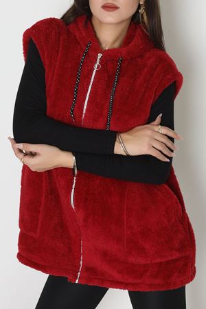 Fermuarlı Kapşonlu Peluş Yelek Bordo - 51059.701.