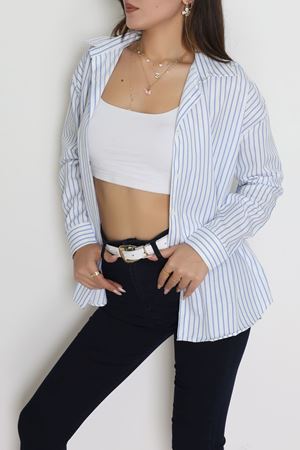Pamuk Polyester Çizgili Oversize Gömlek Beyazmavi - 51052.147.