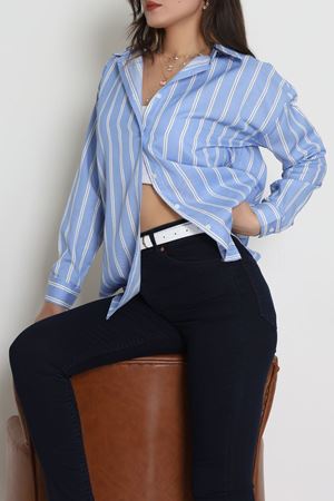 Pamuk Polyester Çizgili Oversize Gömlek Açıkmavi - 51052.147.