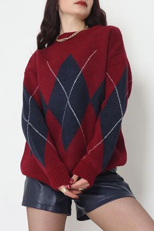 Baklava Dilimli Triko Kazak Bordolacivert - 51262.1918.