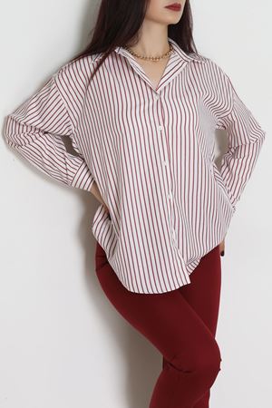 Pamuk Polyester Çizgili Oversize Gömlek Bordobeyaz - 51052.147.