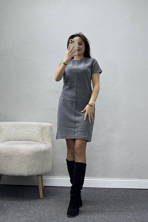 Bisiklet Yaka Selanik Kumaş Elbise Füme - 70823.1567.