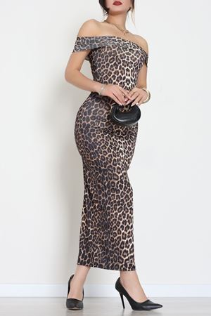 Sandy Kumaş Straplez Yaka Midi Boy Elbise Leopar - 70818.1794.