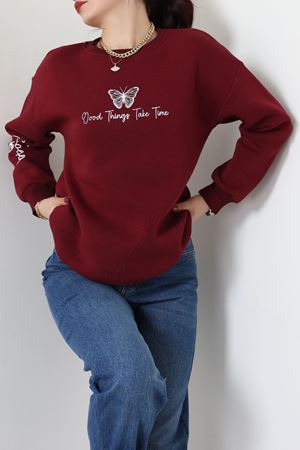 3 İplik Şardonlu Baskılı Sweat Bordoekru - 42611.1878.