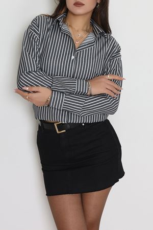 Pamuk Polyester Çizgili Oversize Gömlek Fümebeyaz - 51052.147.