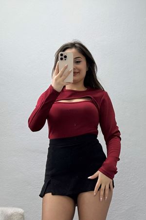 Double Krep Kumaş Parmak Geçmeli Bluz Bordo - 42796.1567.