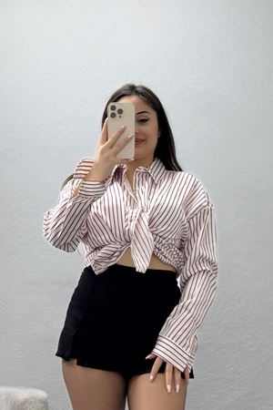 Pamuk Polyester Çizgili Oversize Gömlek Bordobeyaz - 51052.147.