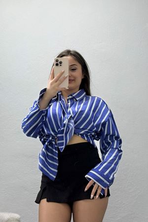 Pamuk Polyester Çizgili Oversize Gömlek Koyumavi1 - 51052.147.
