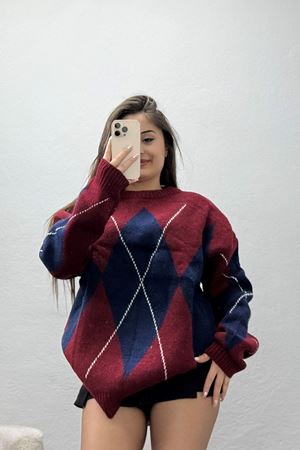 Baklava Dilimli Triko Kazak Bordolacivert - 51262.1918.