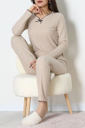 Fitilli İnterlok Pijama Takımı Koyubej - 70796.1048.