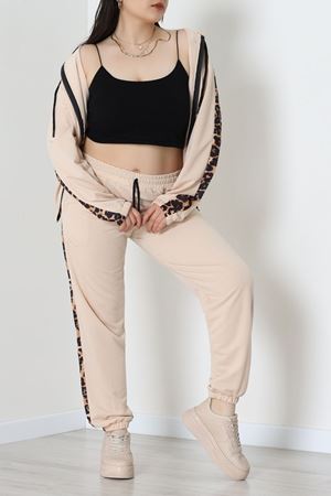 Şeritli 2 İplik Büyük Beden Eşofman Takımı Bej - 50806.1857.