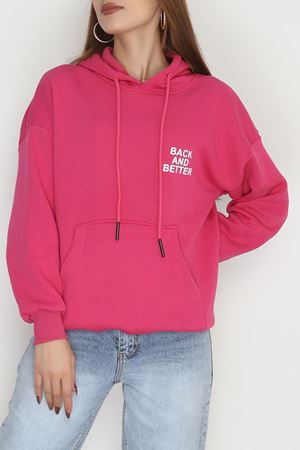 3 İplik Kanguru Cepli Kapşonlu Sweat Fuşyabeyaz - 42257.1878.