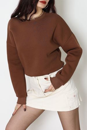 Bisiklet Yaka 3 İplik Crop Sweat Kahve - 20968.1878.