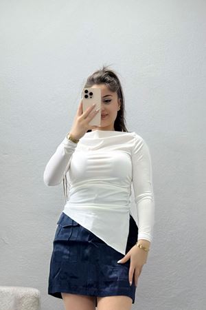 Sandy Yandan Drapeli Asimetrik Bluz Ekru - 42801.1949.