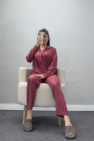 Süet Düğmeli Pijama Takımı Bordoçizgi - 52179.2124.