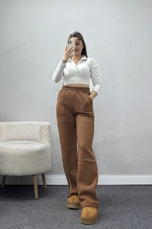 3 İplik Biyeli Palazzo Eşofman Altı Sütlükahve - 30104.1878.