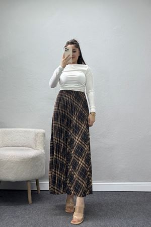 Laklı Denye Piliseli Ekose Etek Haki - 51252.2036.