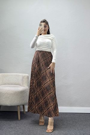 Laklı Denye Piliseli Ekose Etek Kahve - 51252.2036.