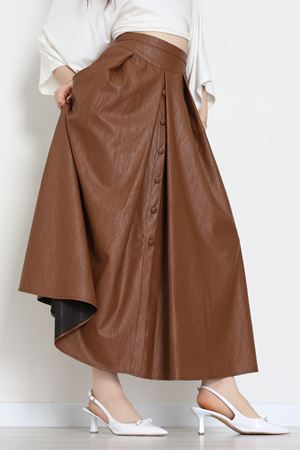 Düğmeli Deri Etek Açıkkahve - 60654.2126.