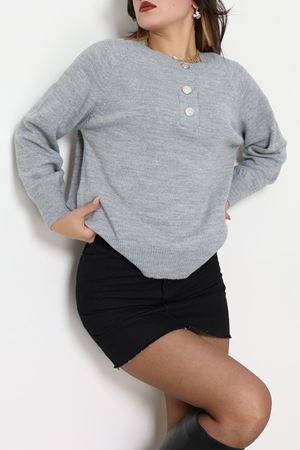 Yumuşak Dokulu Düğme Detay Triko Kazak Gri - 70881.1765.