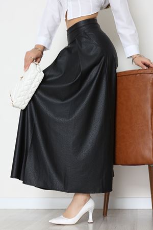 Düğmeli Deri Etek Siyah - 60654.2126.