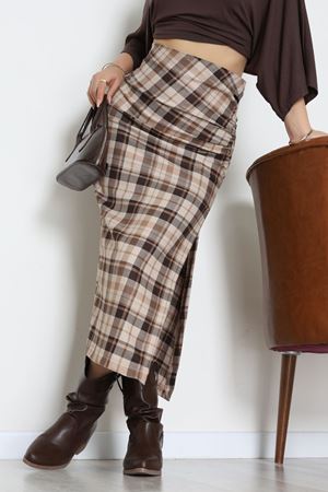 Yan Büzgülü Etek Vizon - 60565.2126.