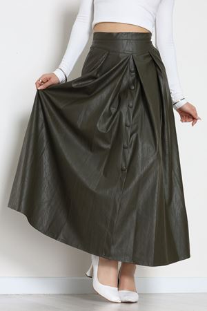 Düğmeli Deri Etek Haki - 60654.2126.