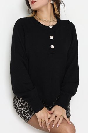 Yumuşak Dokulu Düğme Detay Triko Kazak Siyah - 70881.1765.