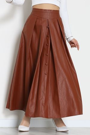 Düğmeli Deri Etek Kahve - 60654.2126.