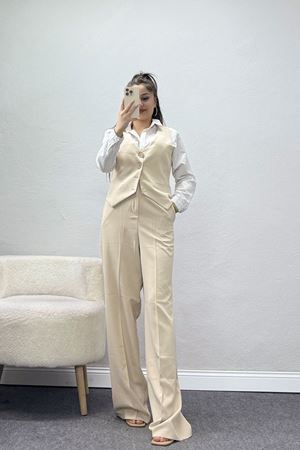 Dabıl Kumaş Fleto Cep Yelek Pantolon İkili Takım Bej - 70878.1991.