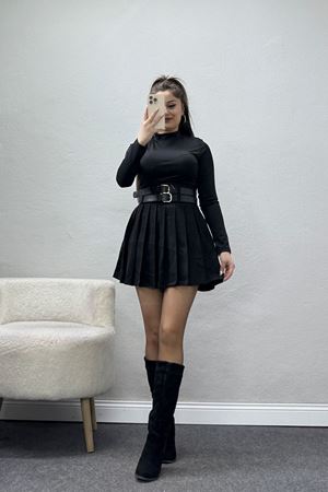 Pileli Çift Kemerli Etek Siyah - 3239.1995.