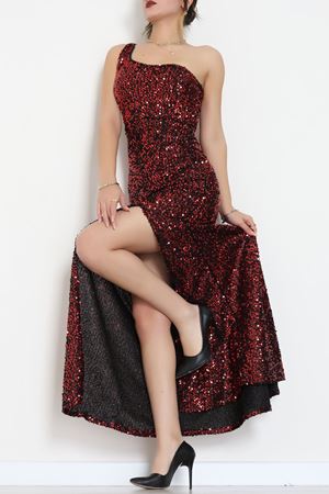 Tek Omuz Pul Payetli Elbise Bordo - 583150.1592.
