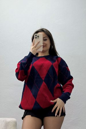 Etnik Desen Triko Lacivertkırmızı - 3027.1577.