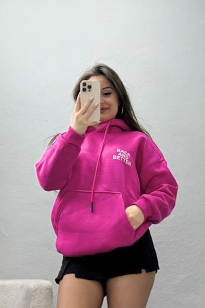 3 İplik Kanguru Cepli Kapşonlu Sweat Fuşyabeyaz - 42257.1878.