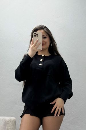 Yumuşak Dokulu Düğme Detay Triko Kazak Siyah - 70881.1765.