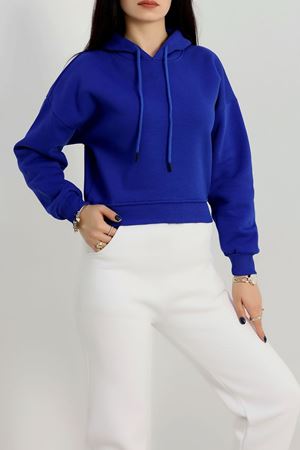 3 İplik Kapşonlu Crop Sweat Saks - 20959.1878.