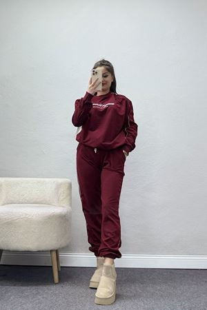 Baskılı Biyeli Eşofman Takımı Bordobeyaz - 20075.1857.