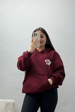 3 İplik Kanguru Cepli Kapşonlu Sweat Bordobeyaz - 42247.1878.
