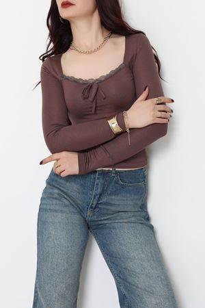 Dantel Detaylı Kare Yaka Viskon Body Kahve - 5504.599.