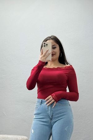 Dantel Detaylı Madonna Yaka Viskon Body Bordo - 5506.599.