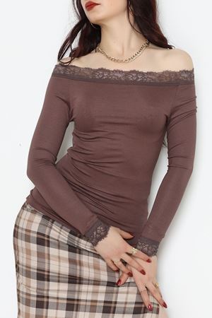 Dantel Detaylı Madonna Yaka Viskon Body Kahve - 5506.599.