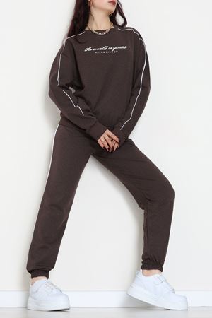 Baskılı Biyeli Eşofman Takımı Kahve - 20075.1857.