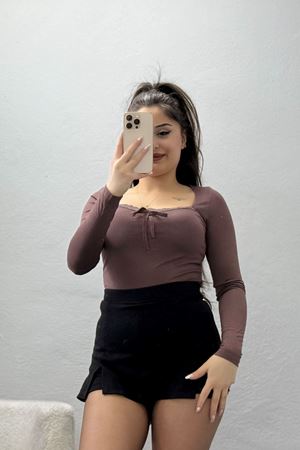 Dantel Detaylı Kare Yaka Viskon Body Kahve - 5504.599.