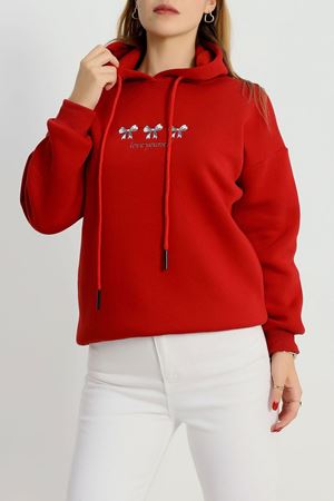 3 İplik Kapşonlu Nakışlı Sweat Bordobeyaz - 42219.1878.