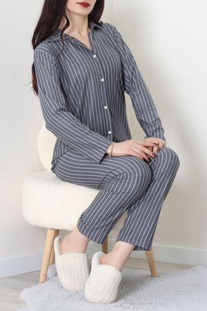 Süet Düğmeli Pijama Takımı Füme - 52179.2124.